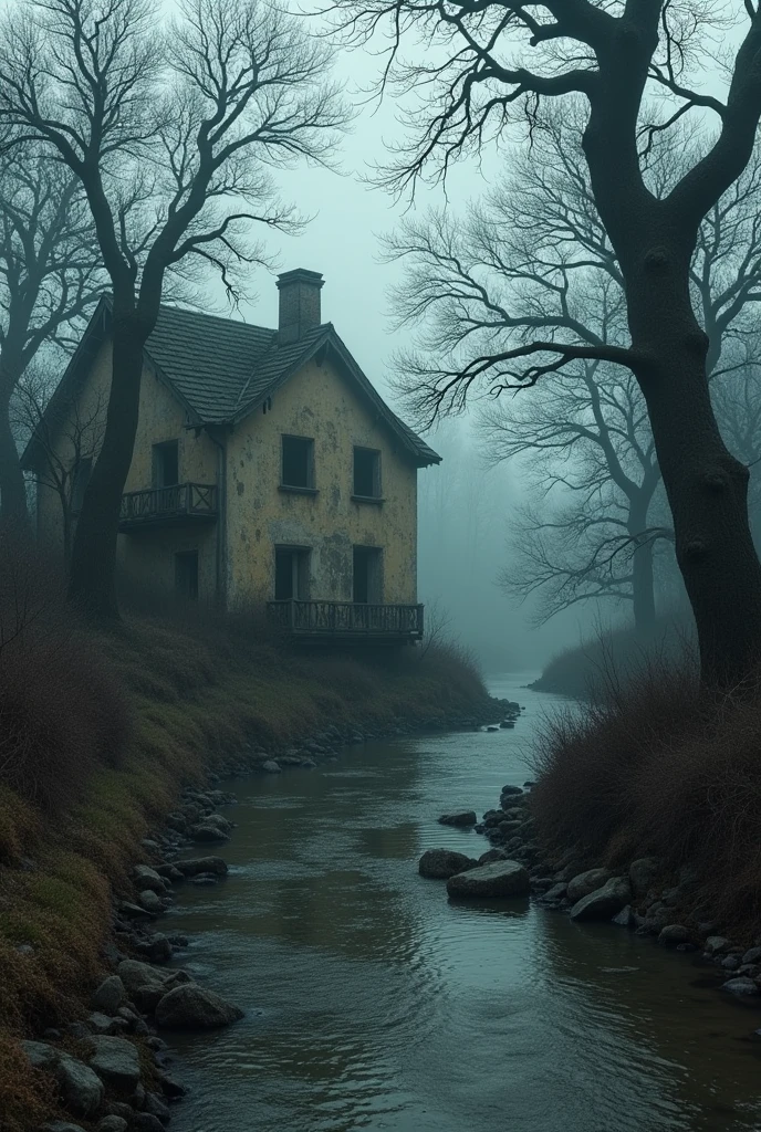 old house with destroyed walls, a river and trees around, dark and gloomy