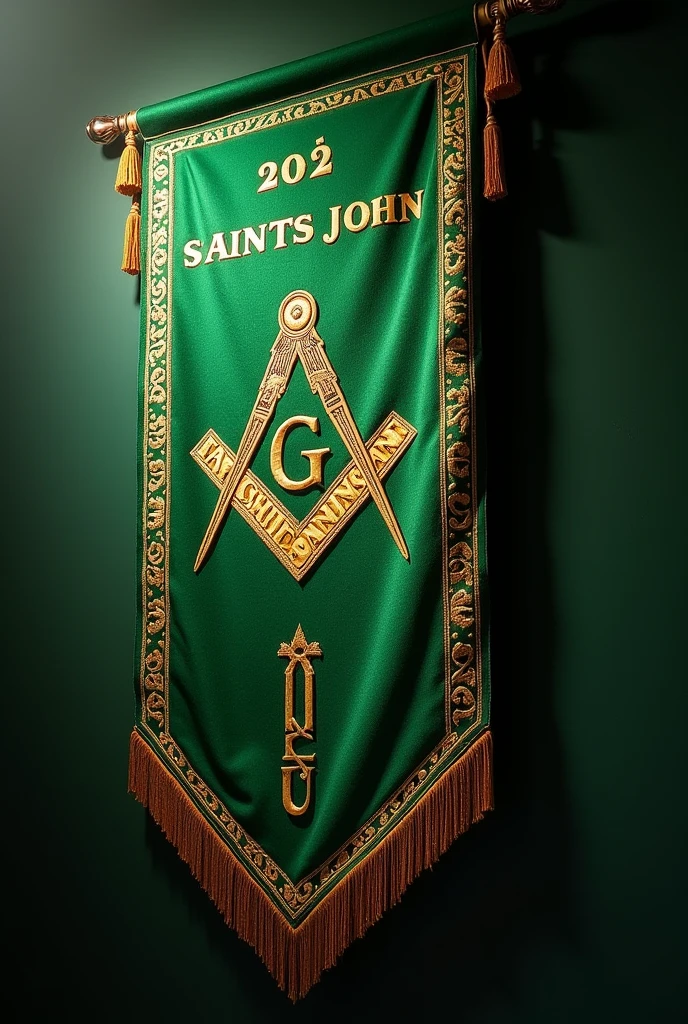 A green standard with moiré fabric, containing at the top the writing in Latin in golden letters: "Saints John" No. 202, below the text, Indefectibly the design of two bars or lateral lines in a vertical position from left to right and in the middle of them a circle with a point in the center which is the Masonic representation of the two Saints John (Baptist and Apostle)