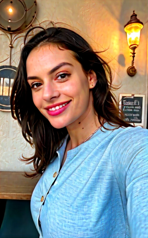 1 woman ((Upper Body Selfie, smiling)), masterpiece, Best Quality, ultra detailed, restaurant, (evening), nature, happy, looking at the moon, happy, schoolbag, light blue closed sleeve shirt, darkness, contrast, clear sky, style, (warm tone, warm tone: 1.2), close up, cinematic light, side lighting, ultra high resolution, best shadow, raw, part of the face of the body, SERIOUS LOOK, normal breasts, 4k, naked