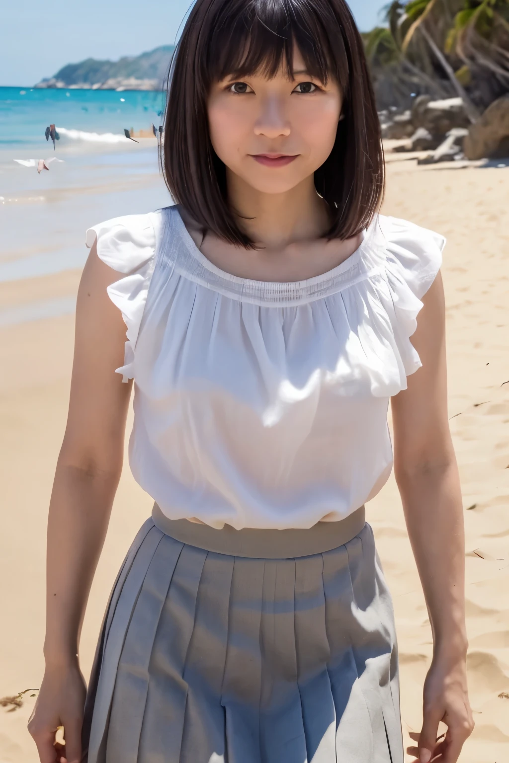 8k, highest quality, masterpiece, super high resolution, (realistic:1.4), RAW Photos, (Film Grain:1.3), One Girl, a skinny Japanese woman, 40 years old, standing on the beach, leaning forward, . She has a cute face and black hair. She is wearing a white blouse on nude, a gray pleated skirt. ((the skirt flutters in strong winds.)) (She is straightening legs up, spreading legs slightly). (Real skin texture:1.3), correct body anatomy, ((detailed face, detailed eyes)), phòtogravúre