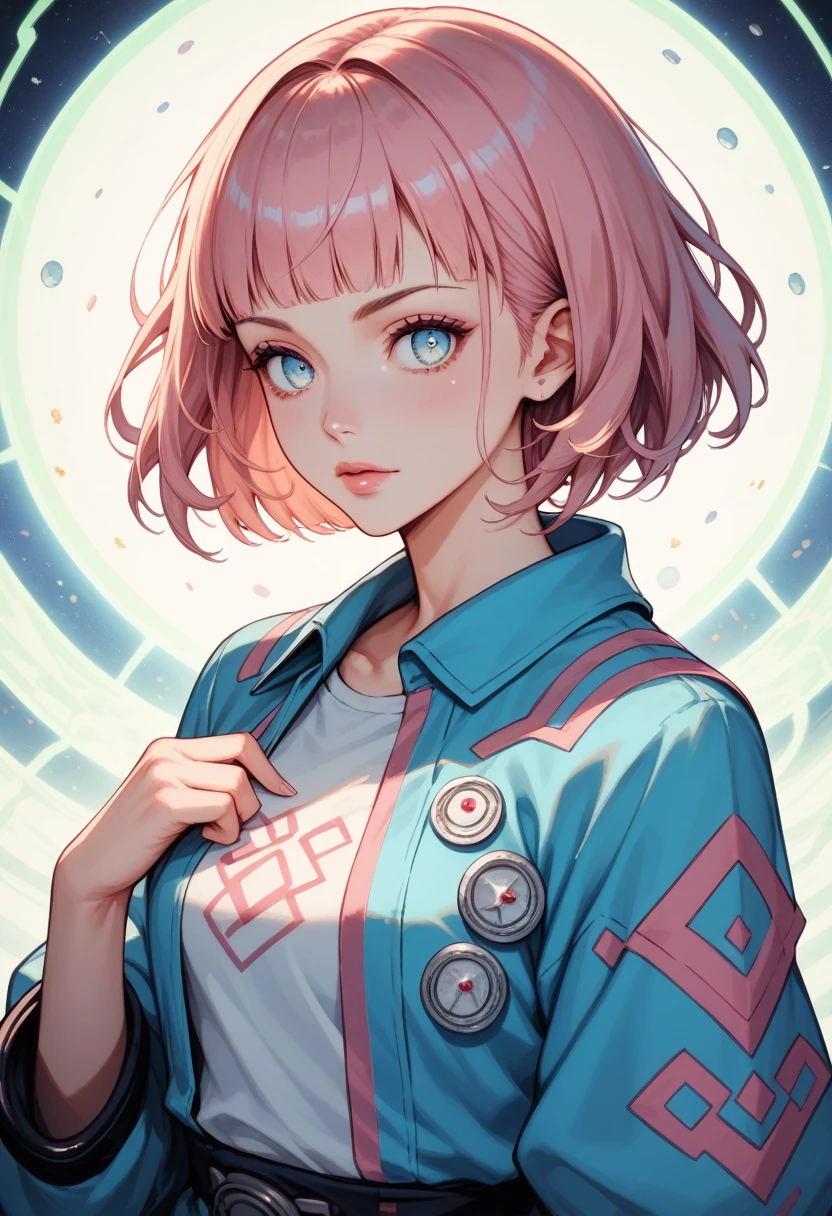 score_9, score_8_up, score_7_up, score_6_up, score_5_up, score_4_up, source_anime, 2.5D, delicate and dynamic depiction, pop art drawn only in fluorescent light blue, fluorescent pink and iridescent, cool beauty, bob cut with blunt bangs, attractive and seductive expression, loose clothing, great proportions, Infinite space fantasy wonderland, zero gravity, iridescent dust rises, paranormal effects,
