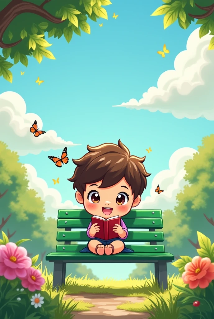 A chibi child reading an e-book on their phone while sitting on a park bench.