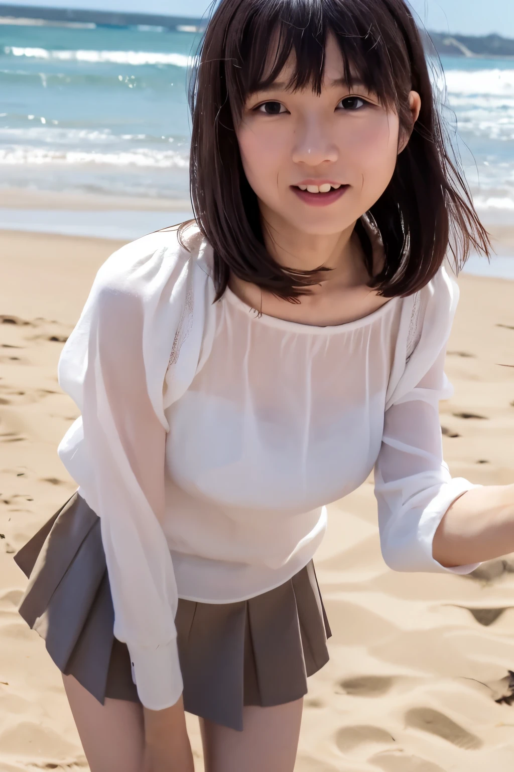 8k, highest quality, masterpiece, super high resolution, (realistic:1.4), RAW Photos, (Film Grain:1.3), One Girl, a skinny Japanese woman, 40 years old, standing on the beach, leaning forward, . She has a cute face and black hair. She is wearing a white blouse on nude, a gray pleated skirt. ((the skirt flutters in strong winds.)) (She is straightening legs up, spreading legs slightly). (Real skin texture:1.3), correct body anatomy, ((detailed face, detailed eyes)), phòtogravúre