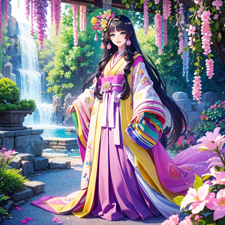 ( High resolution、 Super detailed、masterpiece、Highest quality、8k)、Heian period in Japan、(NHK Taiga Drama、To the Shining One)、Fujiwara Akiko、palace、The Empress of the Palace、Young beautiful woman、Beautiful Face、Beautiful Face、Pretty lips、(12 single coats、Light pink、Light purple、yellow、green、blue、red、White color、Colorful overlapping)、(Full Body Shot)、Long black hair、Jewel Ornament、background、garden、Colorful flowers、Vibrant colors、Detailed Anime、Detailed CG、