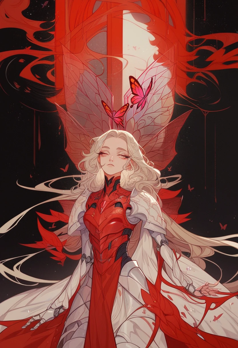 Very detailed, Has wavy platinum blonde hair、Realistic cyborg anime, Magenta pink cybernetic butterfly wings, Transparent body armor. She is beautiful, Expressive eyes with fine irises, Long eyelashes, Delicate facial features. The skin is beautifully rendered with a sense of transparency.. Her fingers and nails are perfectly detailed, The anatomy is perfectly balanced. The overall image is a high level of visual storytelling., Intricate ornamentation and intricate detailing throughout. Accurate color coordination, Accurate simulation of light and material interactions. This is high quality, High resolution artwork with the highest level of detail.