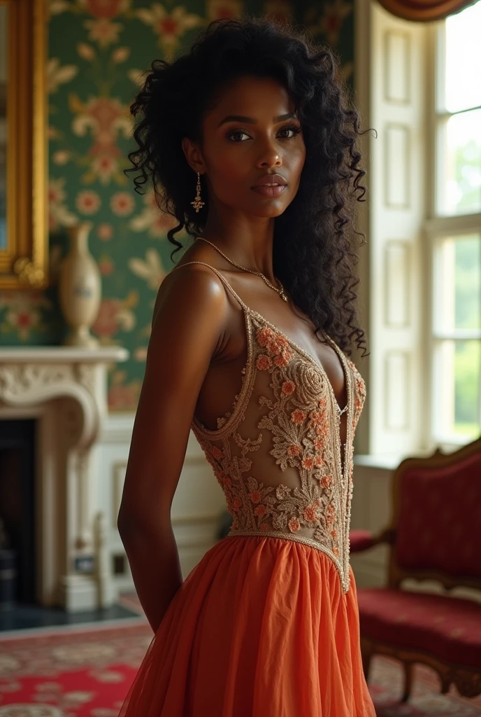 Beautiful young black woman, with curly hair. Sexy period clothing. 