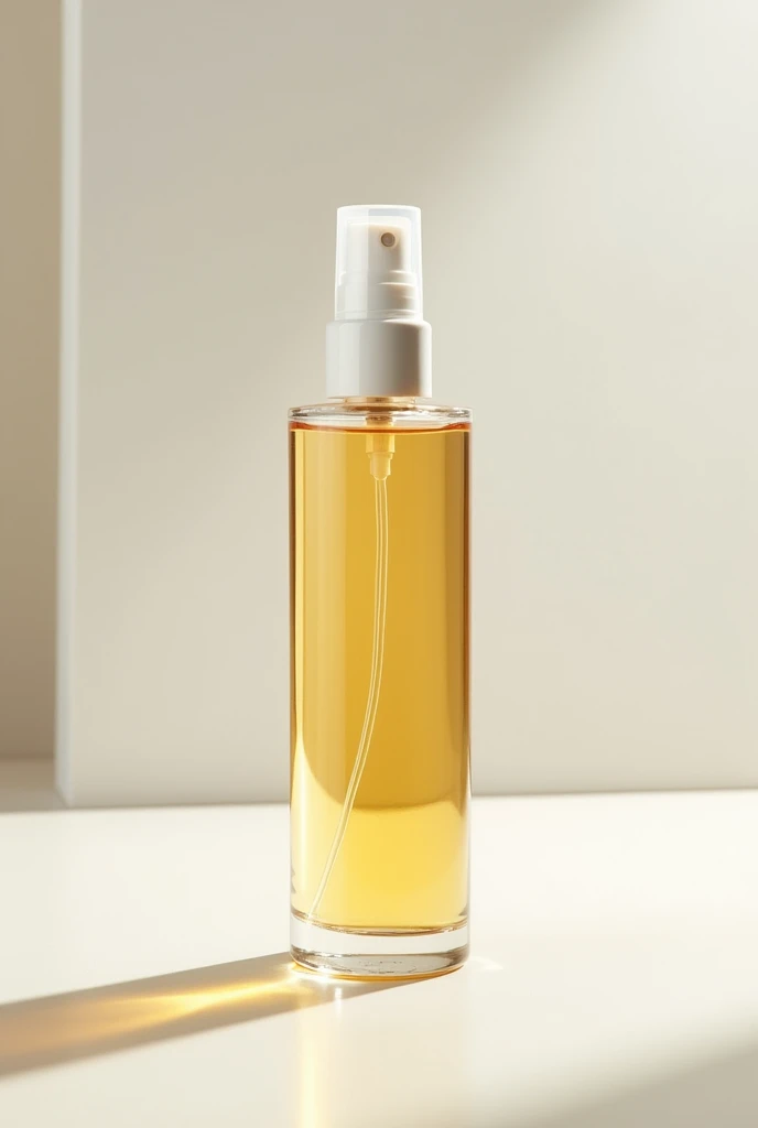 Create a 250 ml white linear bullet PET bottle with an atomizer., this bottle should contain a golden liquid inside