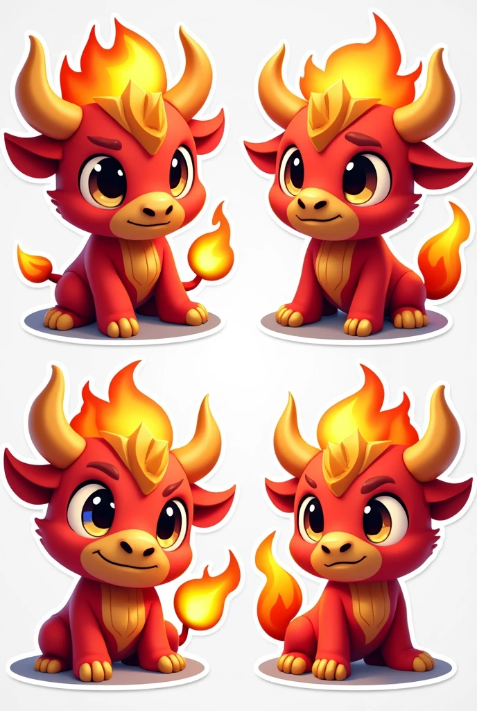 Design a set of 3D stylized stickers for the SOLMON - Solana Monsters series.
Each sticker should feature a SOLMON character depicted in a cute, chibi-style with big, expressive eyes and exaggerated features. The characters should be vibrant and playful, with glowing accents and small details like moss, vines, or elemental effects depending on their type (e.g., fire, water, nature). Blaze (Fire Bull):
Determined (focused, flames roaring around horns, text: "Bullish")
Proud (head high, small flame circling, text: "Diamond Hands")
Worried (furrowed brow, weakly flickering flame, text: "Rekt")
Happy (broad smile, dancing flames, text: "Moonshot")