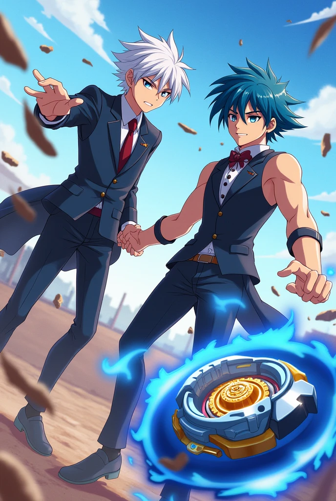 Beyblade valt aoi x shu kurenai valt tem cabelo azul e shu tem cabelo branco o Beyblade de valt e o turbo valtryek e do shu o spryzen