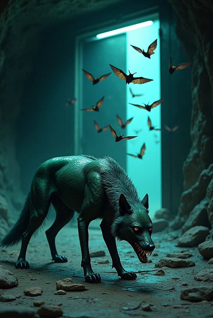 A metallic wolf with large fangs
of green with gray and spots and with fur sniffing around, In addition, a kind of. 10 mutant bats flying around
And a background of a large, dark cave with cracked stones and a bright blue glow. And that a background of a half-open metal door is visible and that a laboratory is visible