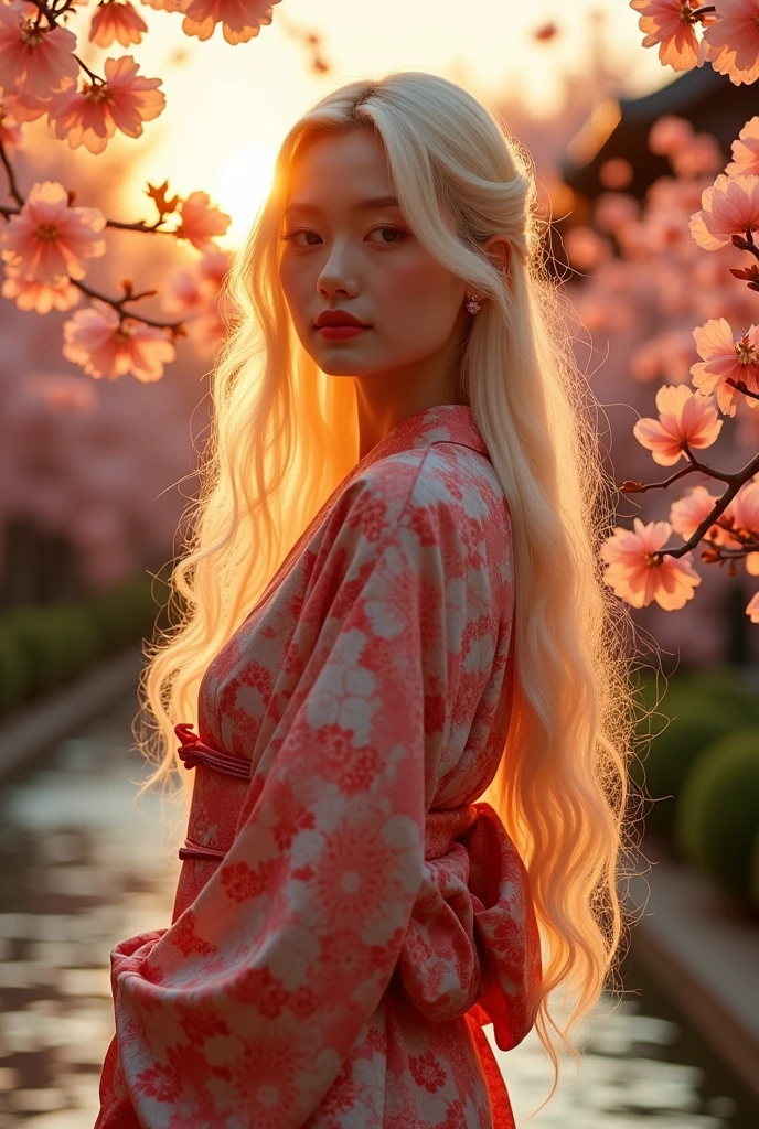 A sexy Japanese woman in a floral kimono with long blond hair standing under a cherry blossom tree in the spring evening, upper body close-up
