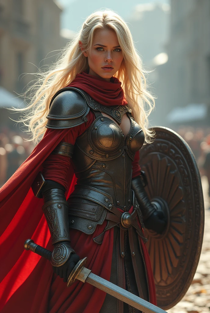 ((masterpiece, Highest quality, Best image quality, High resolution, Realistic, RAW Photos, 8k)), ((Highly detailed CG synthesis 8k wallpaper)), (Huge and stunning goddess shot, Very hot and sexy, Incredible beauty, Perfect Proportions, Beautiful body, Slim body beauty:1.4), Arafed woman in armor holding sword and shield, Portrait of a savage woman画, north Female Warrior, Very beautiful berserker woman, north adult Female Warrior, Female Barbarian, Female Warrior, Portrait of a savage woman, 野蛮なFemale Warrior, very beautiful Female Barbarian, Barbarian Class, Portrait of a Female Warrior, RPG portrait concept art, (Beautiful warrior, Carrying a dagger and a small shield, Wearing a red scarf, Leather Armor), (Blonde, blue eyes, Dark Skin), (amphitheater, Fighting while being watched by the crowd, Motion Blur), Movie Posters, big "unlimited" It's written at the bottom of the screen,