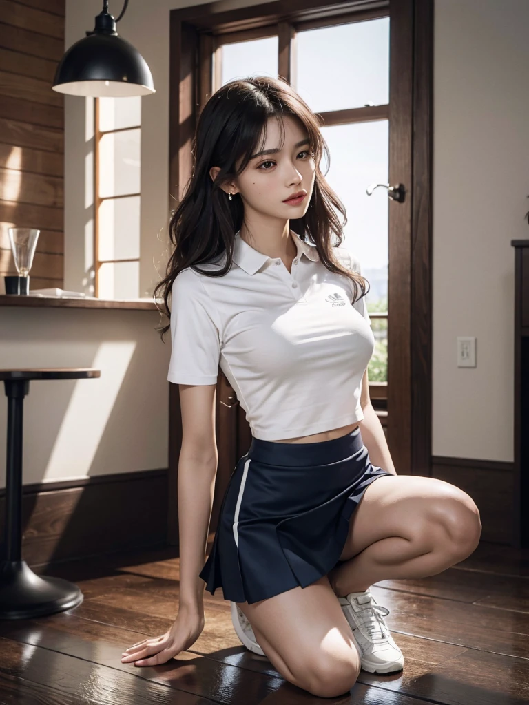 Masterpiece, Top Quality, High Resolution, Hi-Res, One Girl, Solo, Angle from Below, Skirt, Shirt, Blue Eyes, White Y-shirt, Unbuttoned, Fluffy, Cleavage,Protruding Nipples, Hard, Blonde, Pleated Skirt, Socks, Black Skirt, Short Hair, Long Sleeves, Bangs, School Uniform, Black Socks, Dress Shirt, Smile, Sweaty, Drenched, Sheer view, Sheer clothing, Wind-in-the-wind skirt, Lift up skirt, Crotch line, Hip line, White underwear, Panty shots, Beautiful leg line, Water droplets running down your legs, Drenched lower body, Wet waist, Excess crotch droplets, Body parts three-dimensional, Exposed undergarment, Realistic skin texture, Focused on feet, Kneeling, Knees spread, Bright room, Finger shifting panties position, lighting from below, bitten panties