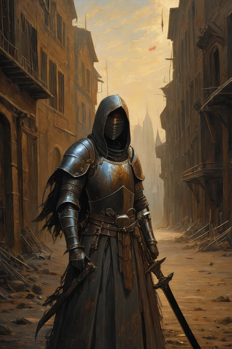 A painting of a female knight, mended armor, rags poking through gaps of the armor, no helmet, curly ratty hair, cold eyes, scarred face, emotionless smile, pale, covered in old blood and puss, fraying bandages holding together armor, in a destroyed village, holding a chipped and stained claymore(sword), very dark at night, no reflections, painting of a knight, low visibility, renaissance style painting, crude art, at nighttime, no light, painterly aesthetic