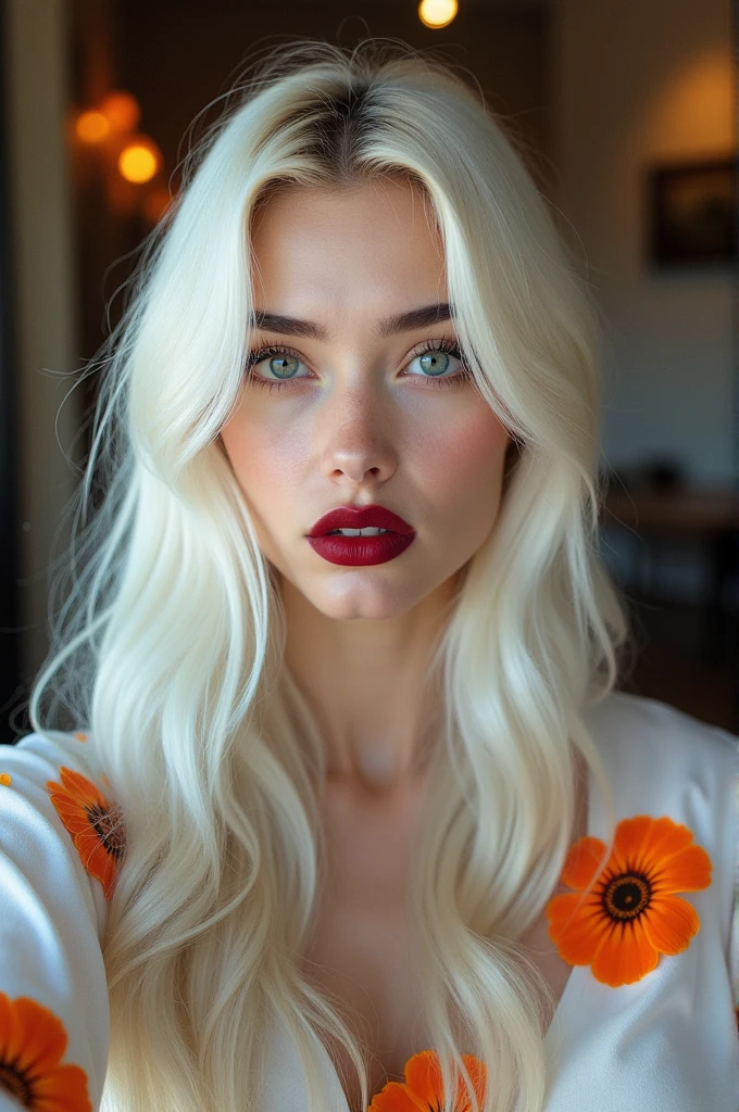 generate a photo of a girl (She is 22 years old) with an aesthetic appearance, pale skin, long platinum white hair, wearing dark red lipstick with gloss, wearing a white long-sleeved blouse with orange flowers, taking a selfie, serious expression