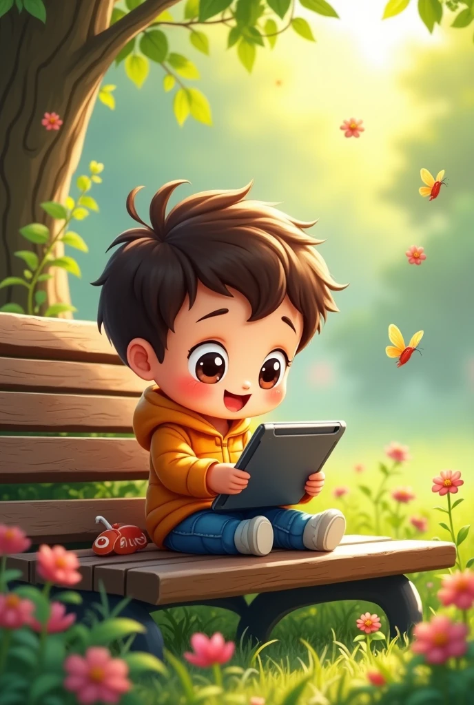 A chibi cartoon is reading through a tablet and he is sitting on a park bench.