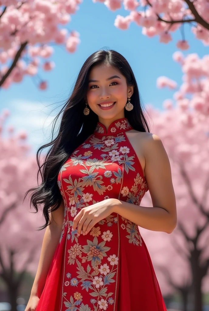 a blasian woman busty and curvy wearing a chinese dress