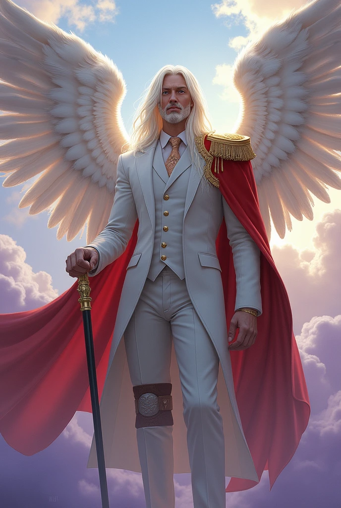 Un Séraphim sous forme humain avec ses 3 paires d'ailes. Les cheveux longs et blancs et les yeux bleu pastel. Il a une cane et une atelle au genoux
Habillé en costar blanc et gris et une cape rouge reposant sur son épaule gauche avec une épaulette dorée