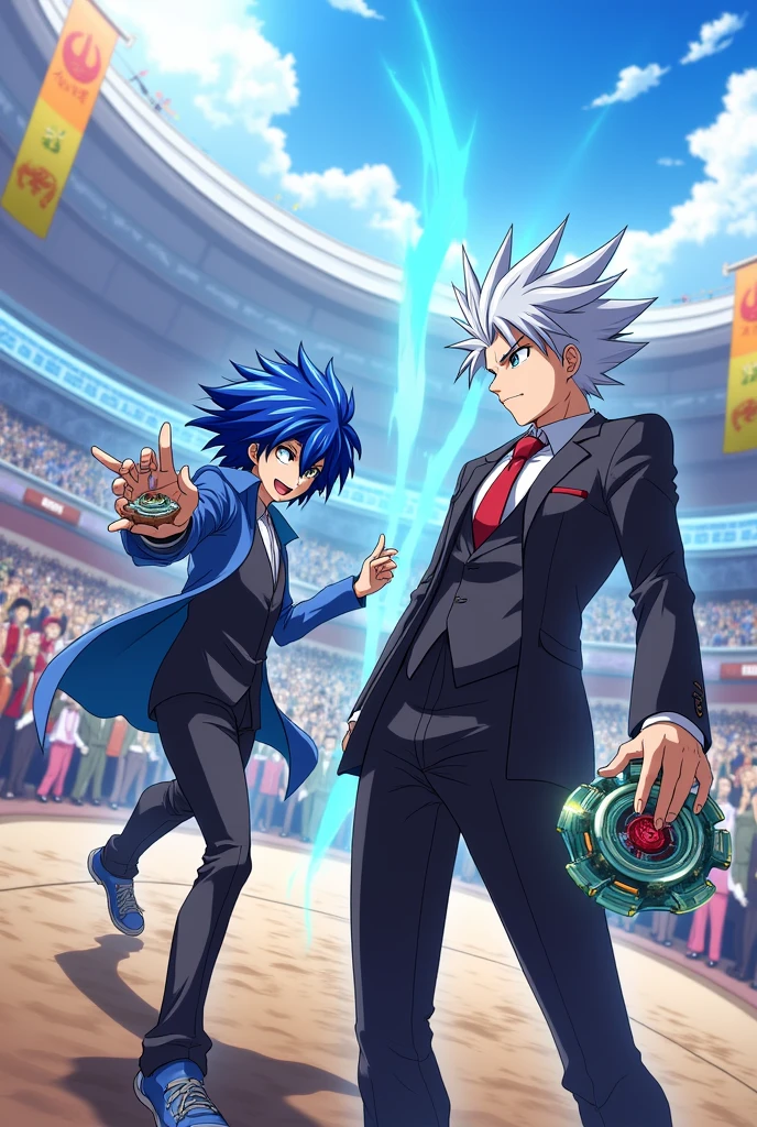 Beyblade valt aoi x shu kurenai valt tem cabelo azul e shu tem cabelo branco o Beyblade de valt e o turbo valtryek e do shu o spryzen