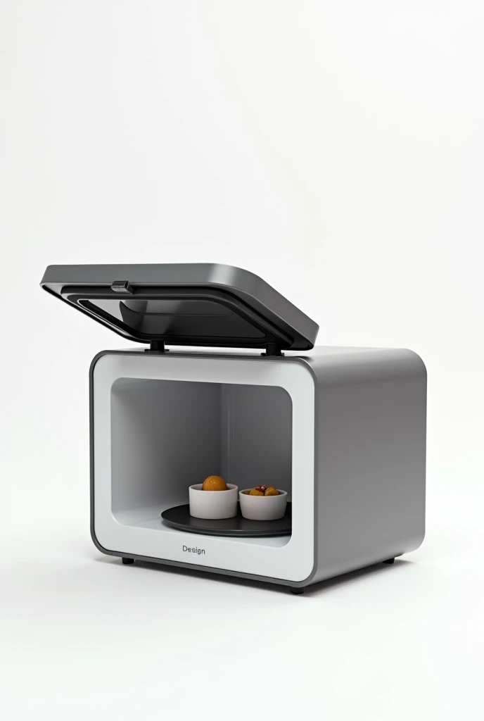 On a White background put
A compact and sophisticated design portable microwave, designed to preserve the temperature of food and beverages anywhere. With dimensions of 27 cm wide, 18 cm deep and 15 cm high.
This microwave does NOT have a door opening handle and NO food inside it.. Non-slip rubber feet on the base.
The microwave door opens upwards, Towards the sky, offering a convenient and accessible opening. Made of durable material with a small tempered glass viewer, allows the user to see the content without having to open the device.