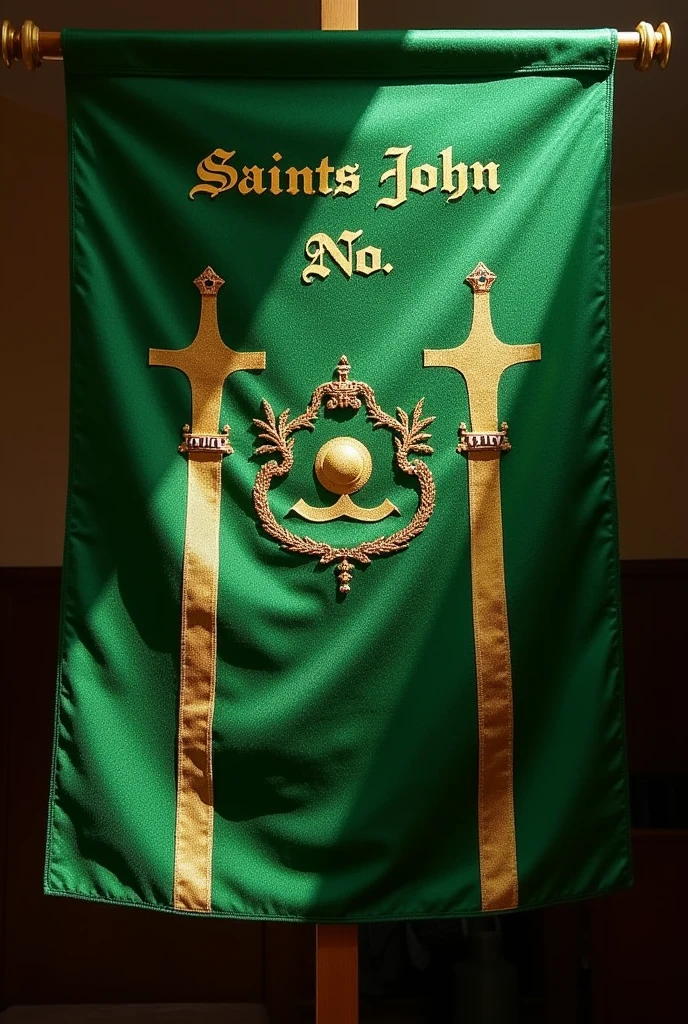 A green standard with moiré fabric, containing at the top the writing in Latin in golden letters: "Saints John" No. 202, below the text, Indefectibly the design of two bars or lateral lines in vertical position from left to right and in the middle of them a circle with a dot in the center which is the representation of the two saints John (Baptist and Apostle)