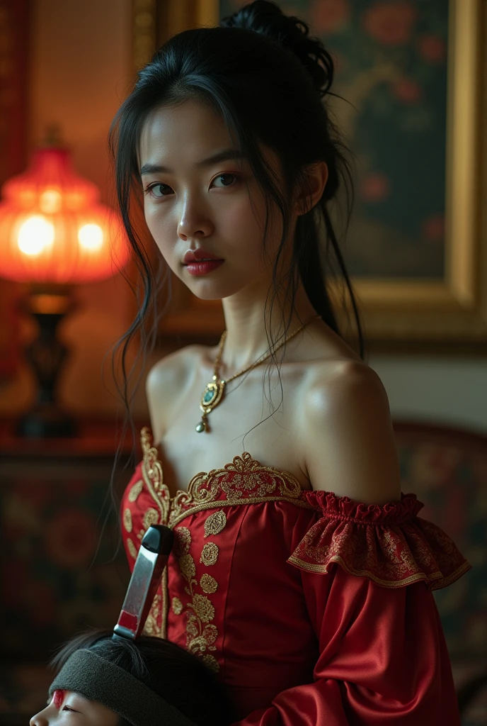Chinese, very cute beautiful young woman, killer stuck a knife in his throat of a boy blindfold bloody in n eck sadism, luxury house