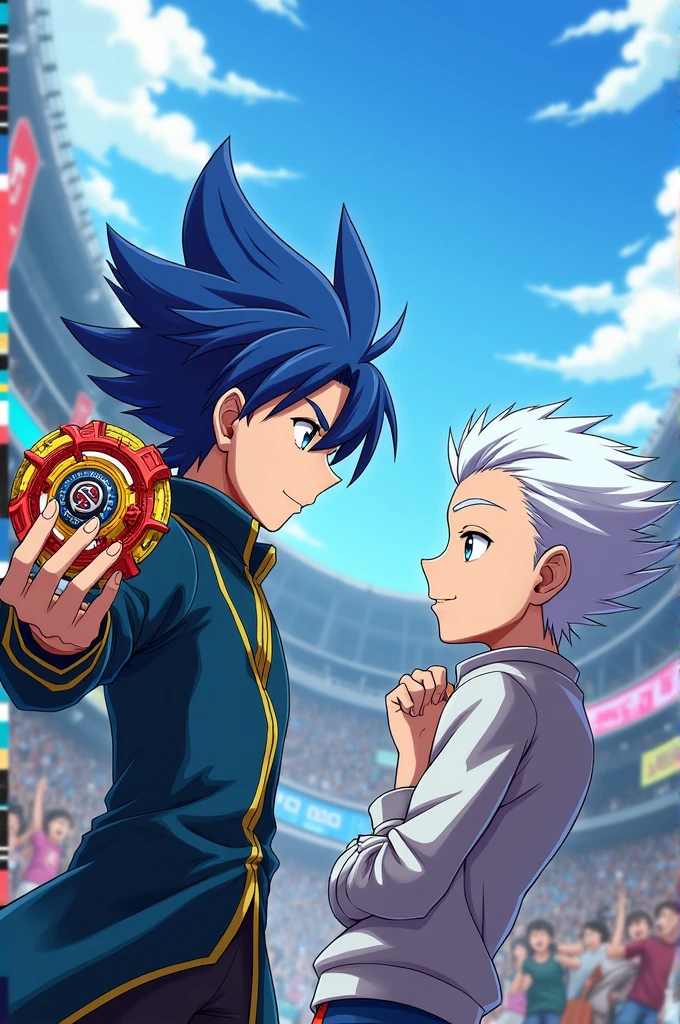 Beyblade valt aoi x shu kurenai valt tem cabelo azul e shu tem cabelo branco o Beyblade de valt e o turbo valtryek e do shu o spryzen