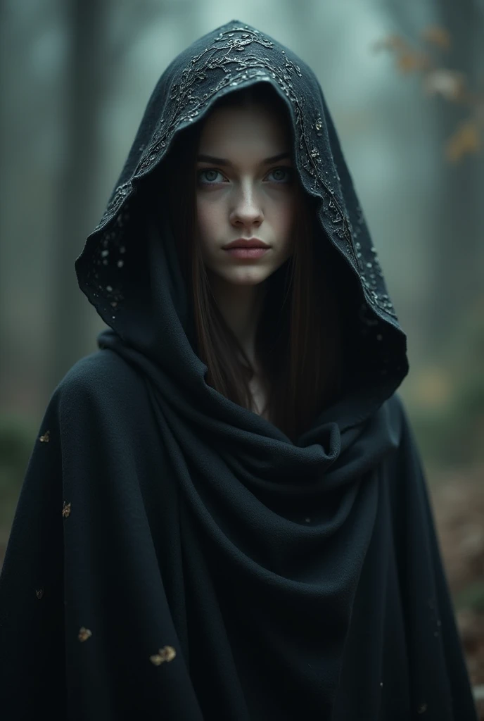 A mysterious and enchanting woman, her features obscured by a flowing black cloak. Her piercing eyes emit an otherworldly radiance that captivates all who gaze upon them. This mesmerizing portrait, whether a painting or a photograph, beautifully captures the woman's air of intrigue and mystique. The intricate details of her cloak and the intensity of her gaze are rendered with exceptional artistry, drawing viewers into a world of enigmatic beauty and allure.
