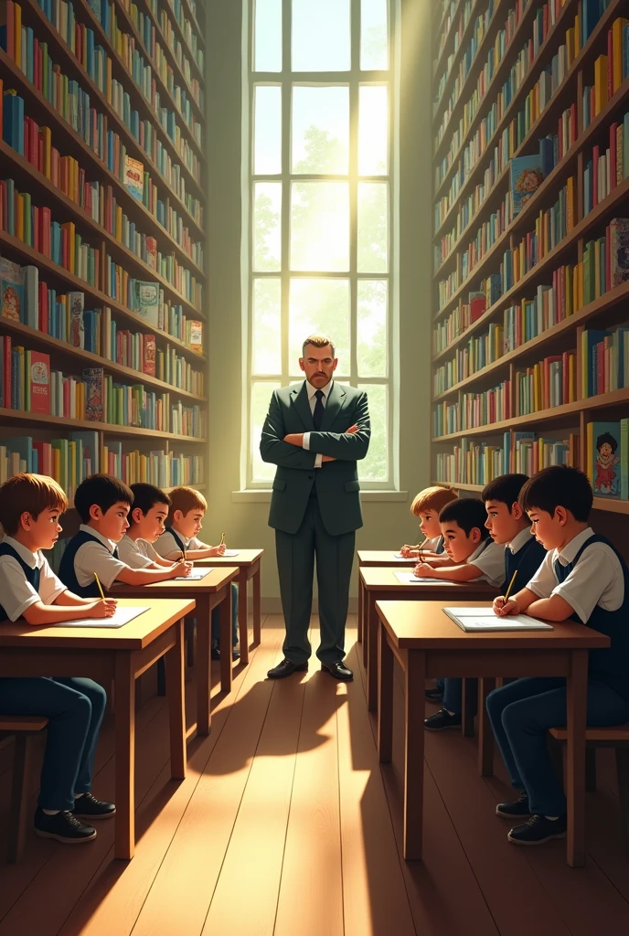Children in uniform inside a library being supervised by an angry man