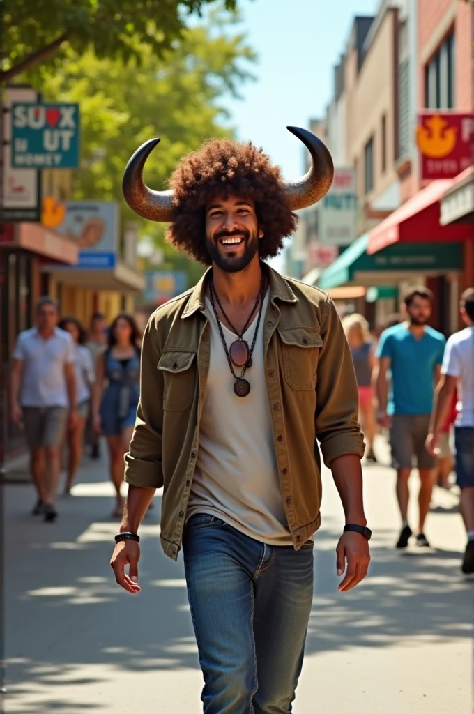 He's wearing a buffalo hat and walking down the street.