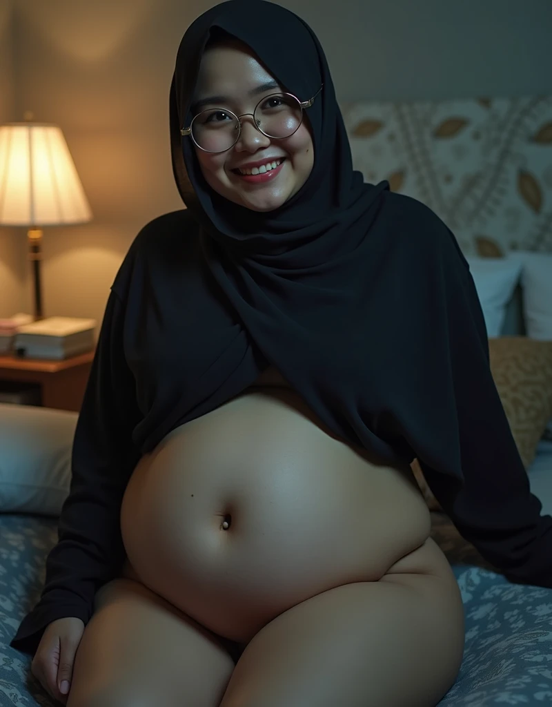Plump vagina, sweating vagina, Beautiful girl wearing narrow dark hijab malay age girl 18 years old, chubby cheek, chubby face, cute girl face, smiling, wearing round silver spectacle, eyes looking at camera, grin, big breasts about to burst out, closeup vagina, closeup view, curvy body, curvy hip, fat abs, vagina view, plump thigh, short body, realistic skin, view from below, spreading legs wide on scattered bed, in student room, books on bed, night time, hard light, 35mm lens, establishing shot, pastel color grading, depth of field cinematography effect, film noir genre, 8k resolution, high quality, ultra detail