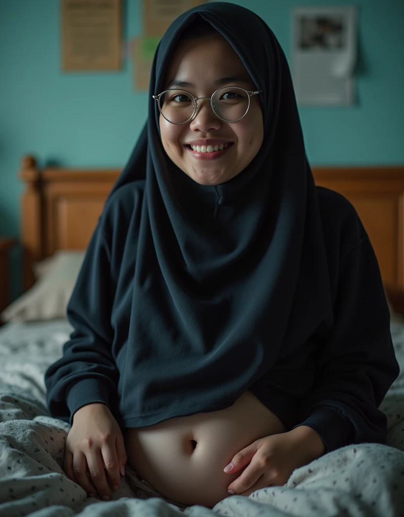 Plump vagina, sweating vagina, Beautiful girl wearing narrow dark hijab malay teenage girl 18 years old, chubby cheek, chubby face, cute girl face, smiling, wearing round silver spectacle, eyes looking at camera, grin, big breasts about to burst out, closeup vagina, closeup view, curvy body, curvy hip, fat abs, vagina view, plump thigh, short body, realistic skin, view from below, spreading legs wide on scattered bed, in student room, books on bed, night time, hard light, 35mm lens, establishing shot, pastel color grading, depth of field cinematography effect, film noir genre, 8k resolution, high quality, ultra detail