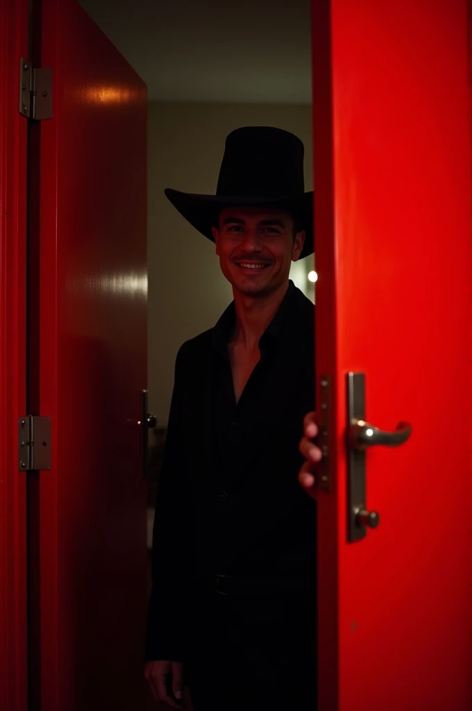 A man in a black hat smiling strangely behind a half-open red door