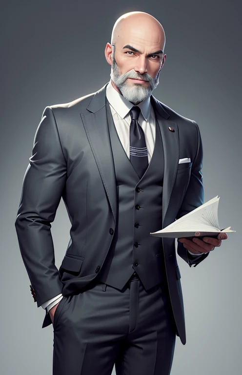 Create a man, standing, bald, with a gray beard, with a captivating smile, in an elegant suit, in cartoon form