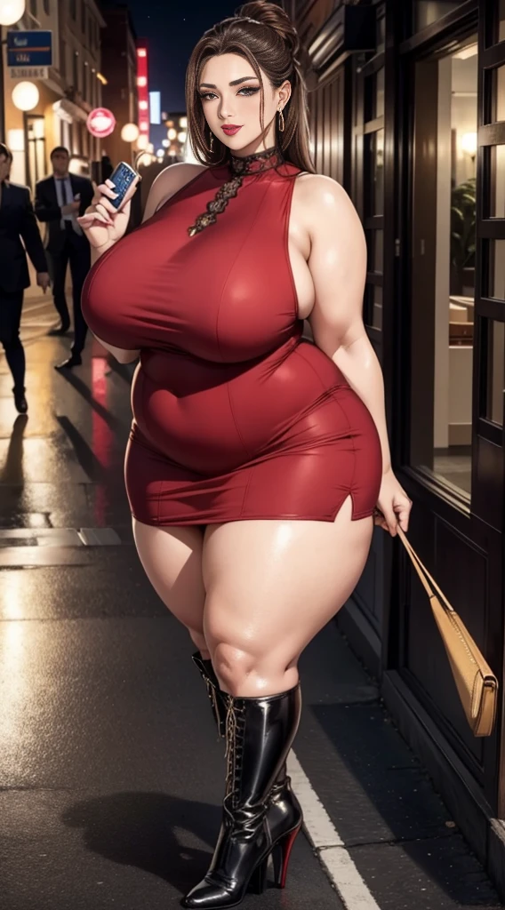 (brown hair、hair pulled back)、There are many mature women.、full body shot샷,they are very tall, strong, plump and sexy figure,Ultra-realistic 8K, Perfect,very tall,(red lip,heavy makeup)、oversized thick breasts 、long waist,Exaggerated Huge And Thick Fat Ass,Very long, big, thick legs,Overly exaggerated, thick leg muscles,cropped shoulder、earring、walking down the street at midnight、Nikon Z 85mm, ((best quality)) ,((masterpiece)), intricate details,very delicate and beautiful, ((sleeveless sexy mini dress)):1.0、( high heel stretch boots):1.4、full body shot:1.0,sexy smile