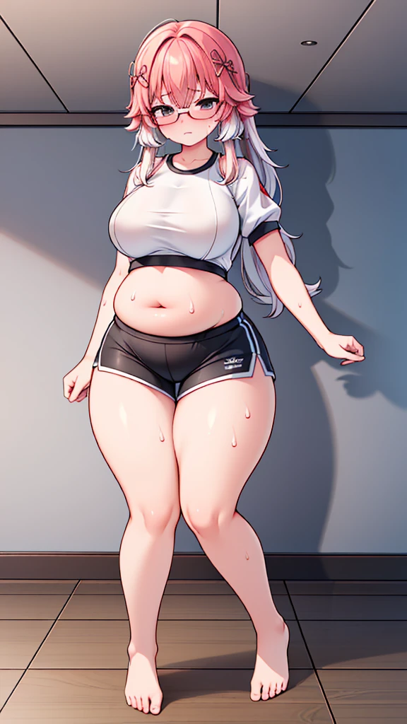 (Full body, very high quality, highly detailed)), (fat belly, big belly, enourmous belly, jiggly belly), belly bursting out of clothes, glasses, long hair, ((((wide hips, thick thighs)))), gym clothes, thight shorts, barefoot, sitting, (tsundere), ((sweating)), ((tired)), (exhausted)