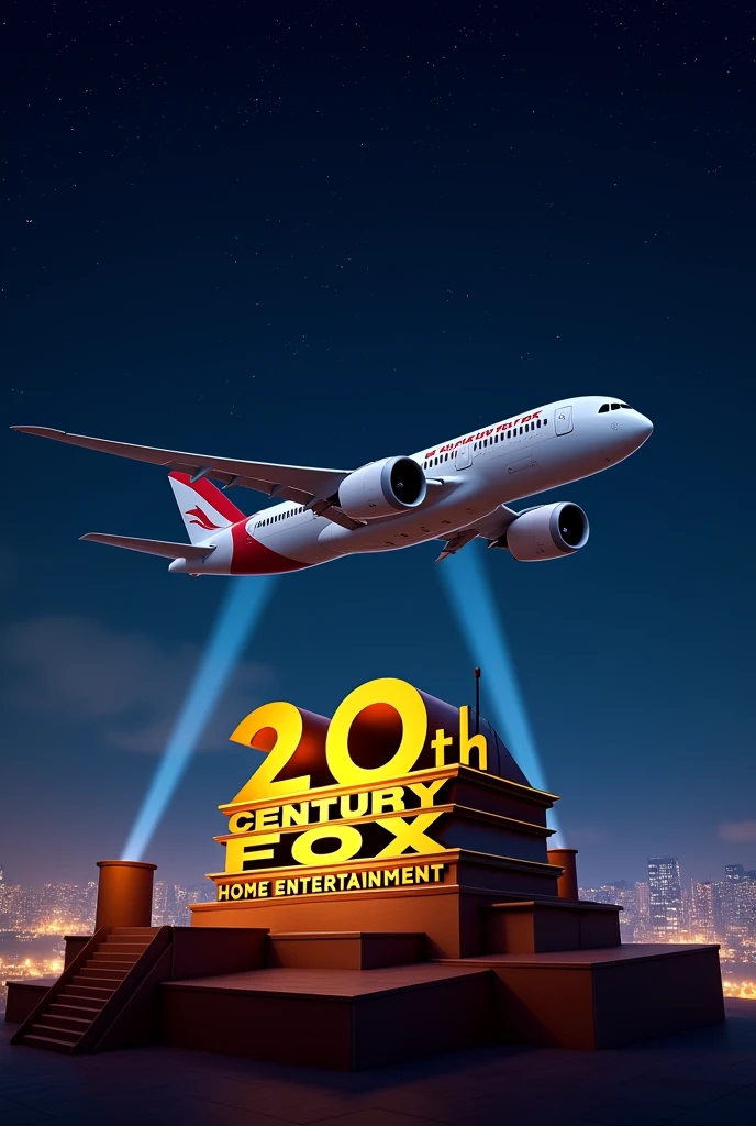  20th century fox  home enterteiment logo (1999-2010, International  with  1994 font home enteeteiment under neeth   its night time with the dark sky and an 787 air india je flying