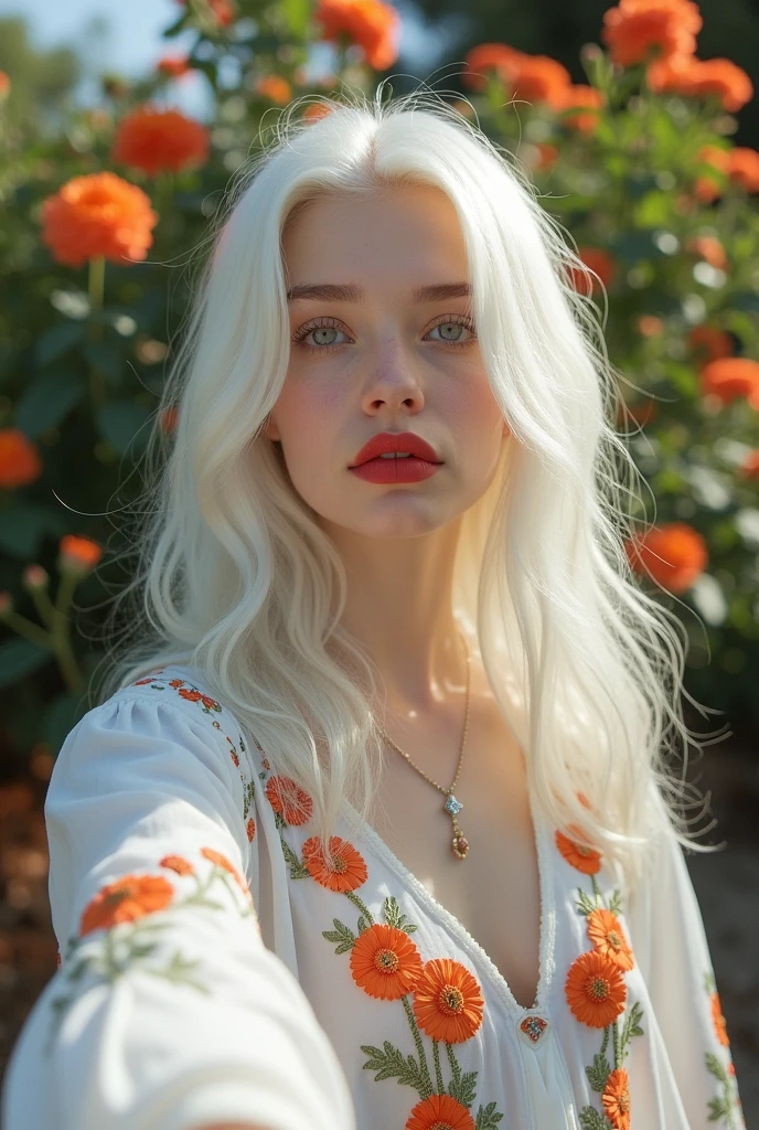 generate a photo of a girl (She is 22 years old) with an aesthetic appearance, pale skin, long platinum white hair, wearing dark red lipstick with gloss, wearing a white long-sleeved blouse with orange flowers, taking a selfie, serious expression