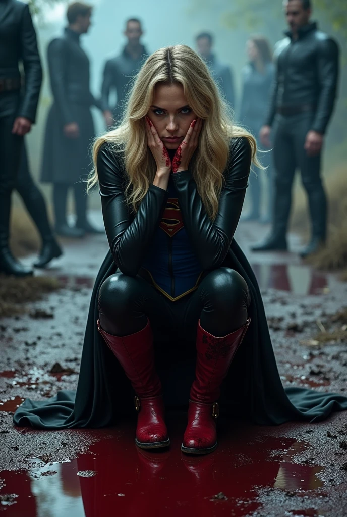 A beautiful woman Gaia Weiss under the mantle of the Kryptonian Kara Zor-El alias Supergirl long blonde hair reaching her knees with her hands on her face screaming exhausted after a battle blood around her black leather jacket blue corset and black leather pants red boots reflection of her in the blood terrifying and bloody images DC universe logo