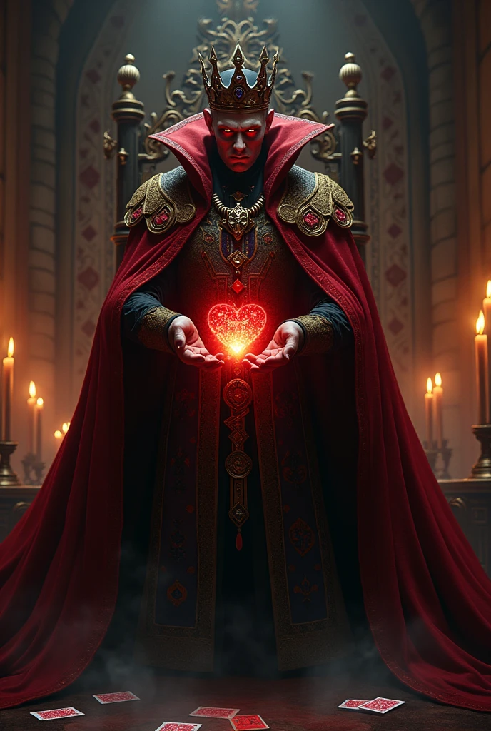 A villain king based on the king of hearts with a glowing human heart in his hand and a deck of magic cards in the other.