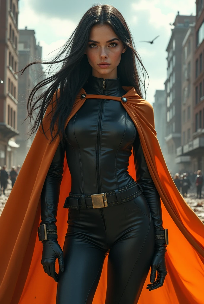 A 17 year old white girl, long black hair, wears military suit, orange cape, large hazel eyes and a 100% look% real