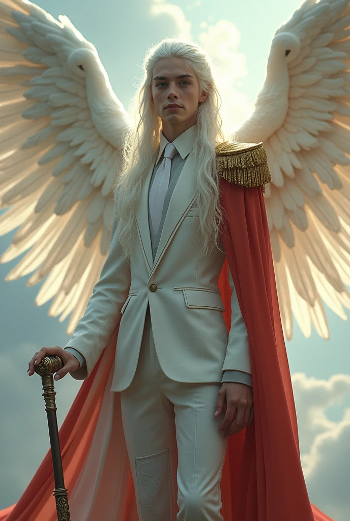 Un Séraphim sous forme humain avec ses 6 ailes. Long, white hair and pastel blue eyes. He has a cane and a knee brace.
Dressed in a white and gray suit and a red cape resting on his left shoulder with a golden epaulet.
Beardless, young, and effeminate.