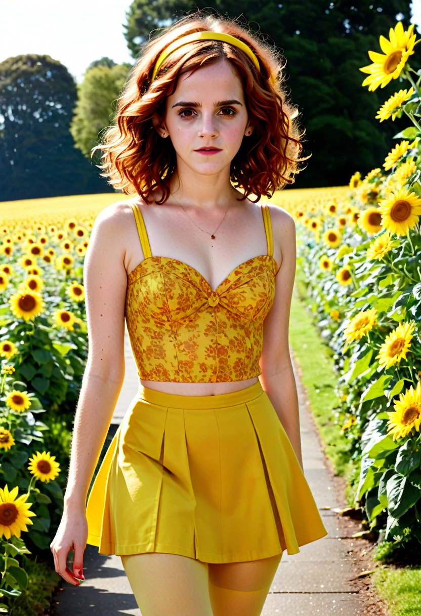 Emma Watson, very curly red hair, head band, very tiny miniskirt, yellow pantyhose, high heels, sun shiny day