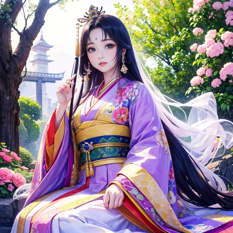 ( High resolution、 Super detailed、masterpiece、Highest quality、8k)、Heian period in Japan、(NHK Taiga Drama、To the Shining One)、Fujiwara Akiko、palace、The Empress of the Palace、Young beautiful woman、Beautiful Face、Beautiful Face、Pretty lips、(12 single coats、Light pink、Light purple、yellow、green、blue、red、White color、Colorful overlapping)、(Full Body Shot)、Long black hair、Jewel Ornament、background、garden、Colorful flowers、Vibrant colors、Detailed Anime、Detailed CG、