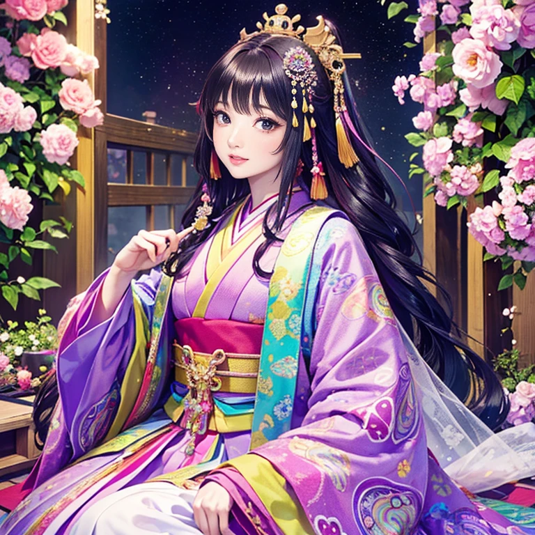 ( High resolution、 Super detailed、masterpiece、Highest quality、8k)、Heian period in Japan、(NHK Taiga Drama、To the Shining One)、Fujiwara Akiko、palace、The Empress of the Palace、Young beautiful woman、Beautiful Face、Beautiful Face、Pretty lips、(12 single coats、Light pink、Light purple、yellow、green、blue、red、White color、Colorful overlapping)、(Full Body Shot)、Long black hair、Jewel Ornament、background、garden、Colorful flowers、Vibrant colors、Detailed Anime、Detailed CG、