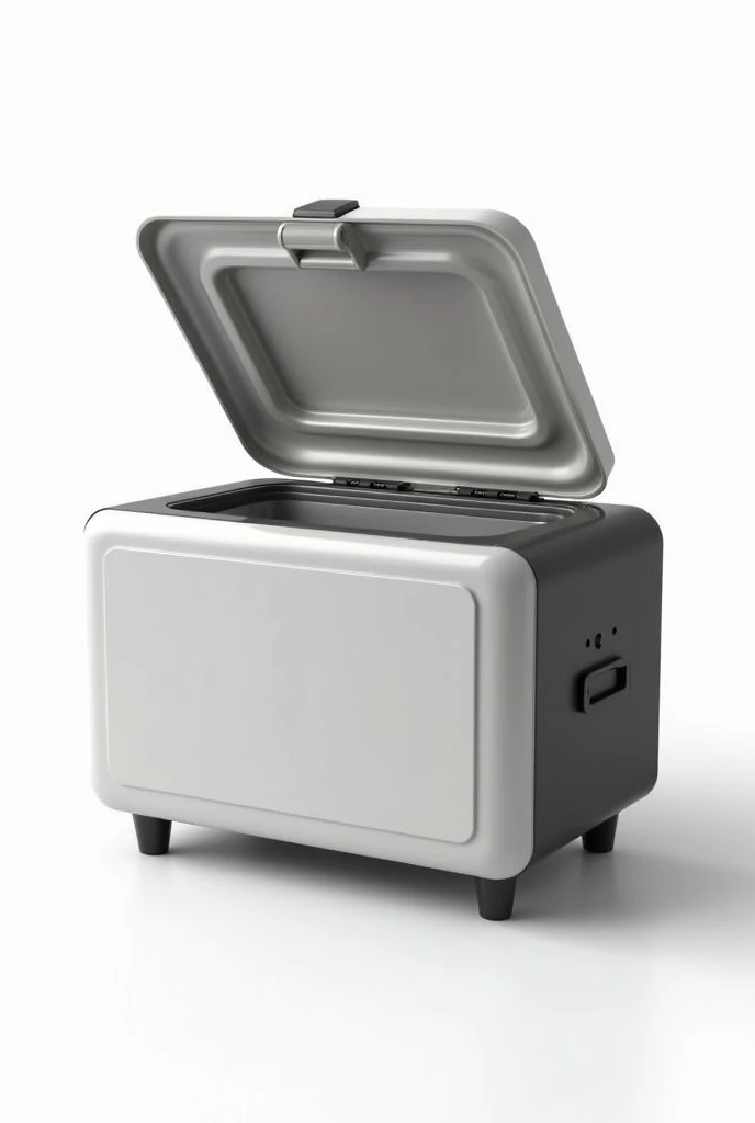 On a White background put
A compact and sophisticated design portable microwave, designed to preserve the temperature of food and beverages anywhere. With dimensions of 27 cm wide, 18 cm deep and 15 cm high.
This microwave does NOT have a door opening handle and NO food inside it.. Non-slip rubber feet on the base.
The microwave door opens upwards, Towards the sky, offering a convenient and accessible opening. Made of durable material with a small tempered glass viewer, allows the user to see the content without having to open the device.