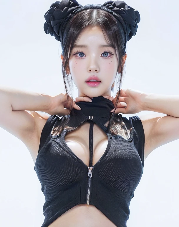 Mujer arafaelizada con top de cuero con gargantilla y un par de pendientes and blue eyes, jia, jossi de blackpink, sha xi, jisoo de blackpink, Jisoo de Blackpink, parque roseanne de blackpink, jinyoung shin, en un corsé de cuero, cruel chica gótica coreana, iu lee ji-eun como supervillano, portrait of jossi de blackpink, jennie rosa negro, jisoo from blackpink, popular south korean makeup, quality detailed ,(beautiful makeup :1.2), Wide hips, big, big ass, (best quality, 8K, masterpiece: 1.3), Clear focus: 1.2, Perfect body beauty: 1.4, strong abs, Very detailed face and skin texture. , detailed eyes, double eyelids, (long hair), having very marked curves, with greater volume in ((hips and breasts)), which makes the waist look much smaller ((wasp waist)).