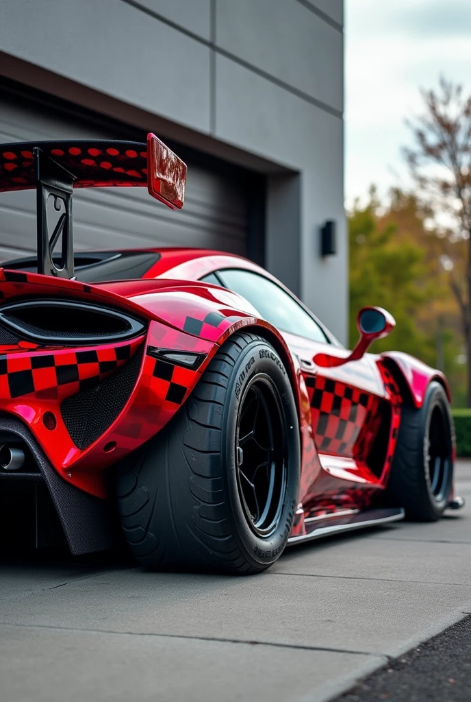 A high-performance sports car with a distinctive red and black checkered body sits low to the ground, its oversized off-road tires gripping the pavement. A large rear wing protrudes from the back, while side mirrors are visible on either flank. The garage door of a residential building looms in the background, as the vehicle's customized features seem to defy conventional expectations. Framed by a bright and airy environment, the car appears poised for action, its aggressive stance hinting at its readiness to tackle both track and trail.