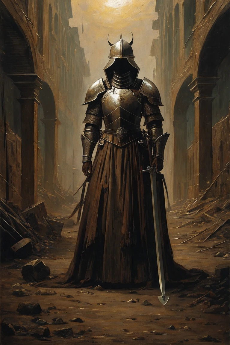 A painting of a female knight, mended armor, rags poking through gaps of the armor, no helmet, curly ratty hair, cold eyes, scarred face, emotionless smile, pale, covered in old blood and puss, fraying bandages holding together armor, in a destroyed village, holding a chipped and stained claymore(sword), very dark at night, no reflections, painting of a helmless knight, low visibility, renaissance style painting, crude art, at nighttime, no light, painterly aesthetic