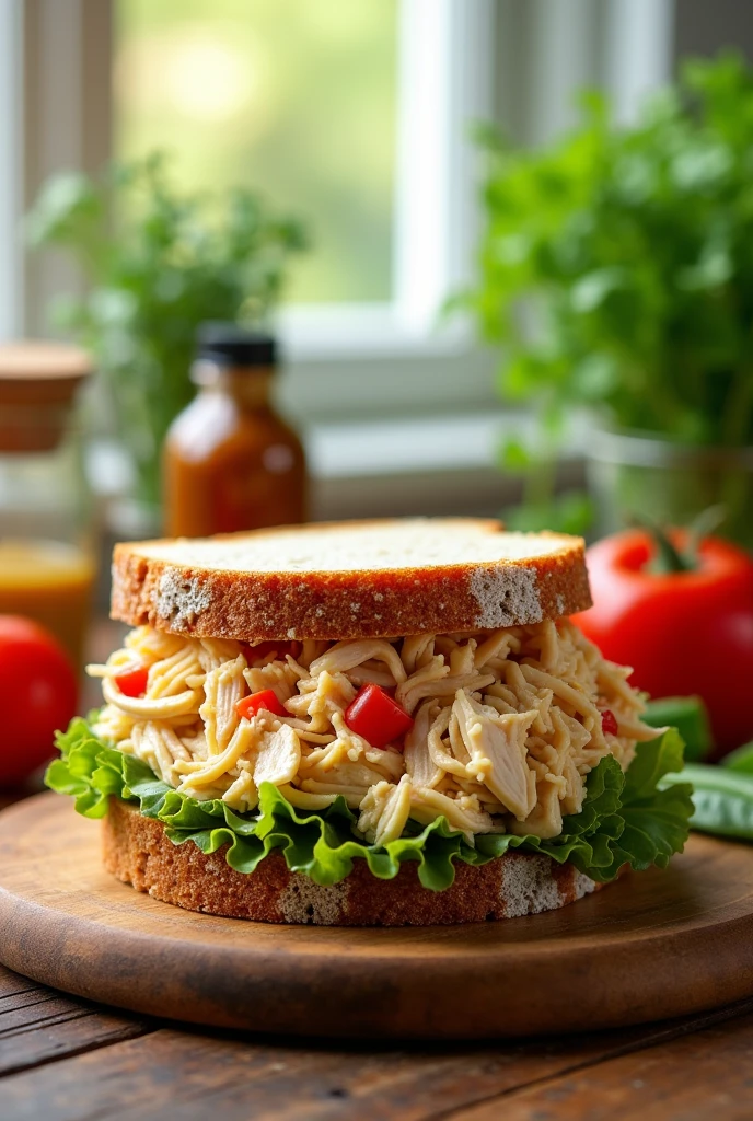 image of a shredded chicken salad sandwich